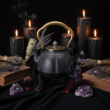 Black cast iron teapot with gold handle and lid knob on a black background