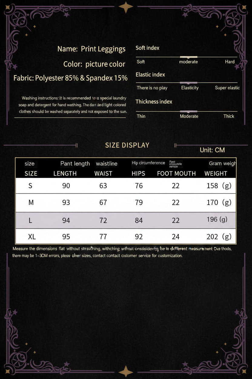 Product information and size chart for print leggings, showing color description, fabric composition, washing instructions, softness/elasticity/thickness index notes, and a size table with measurements in centimeters for S, M, and L sizes.