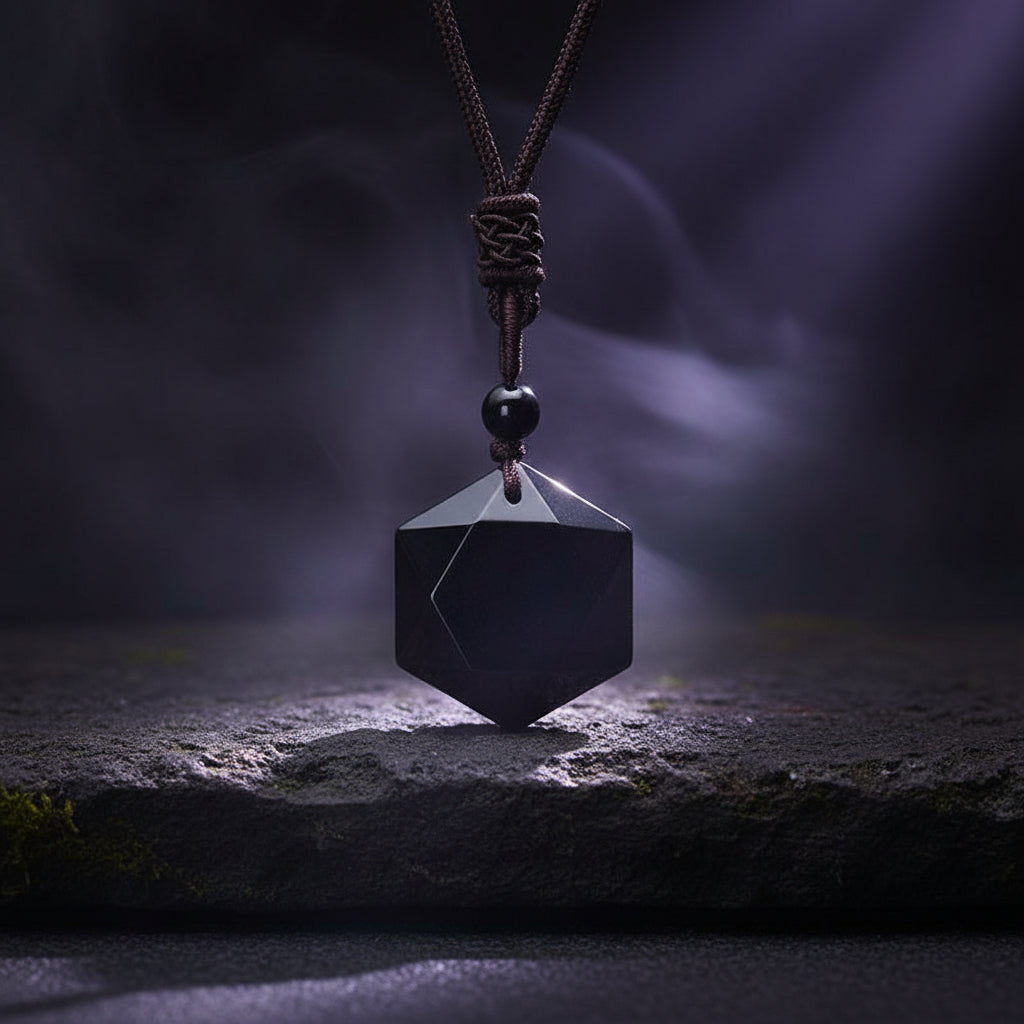 Black geometric pendant on a dark background