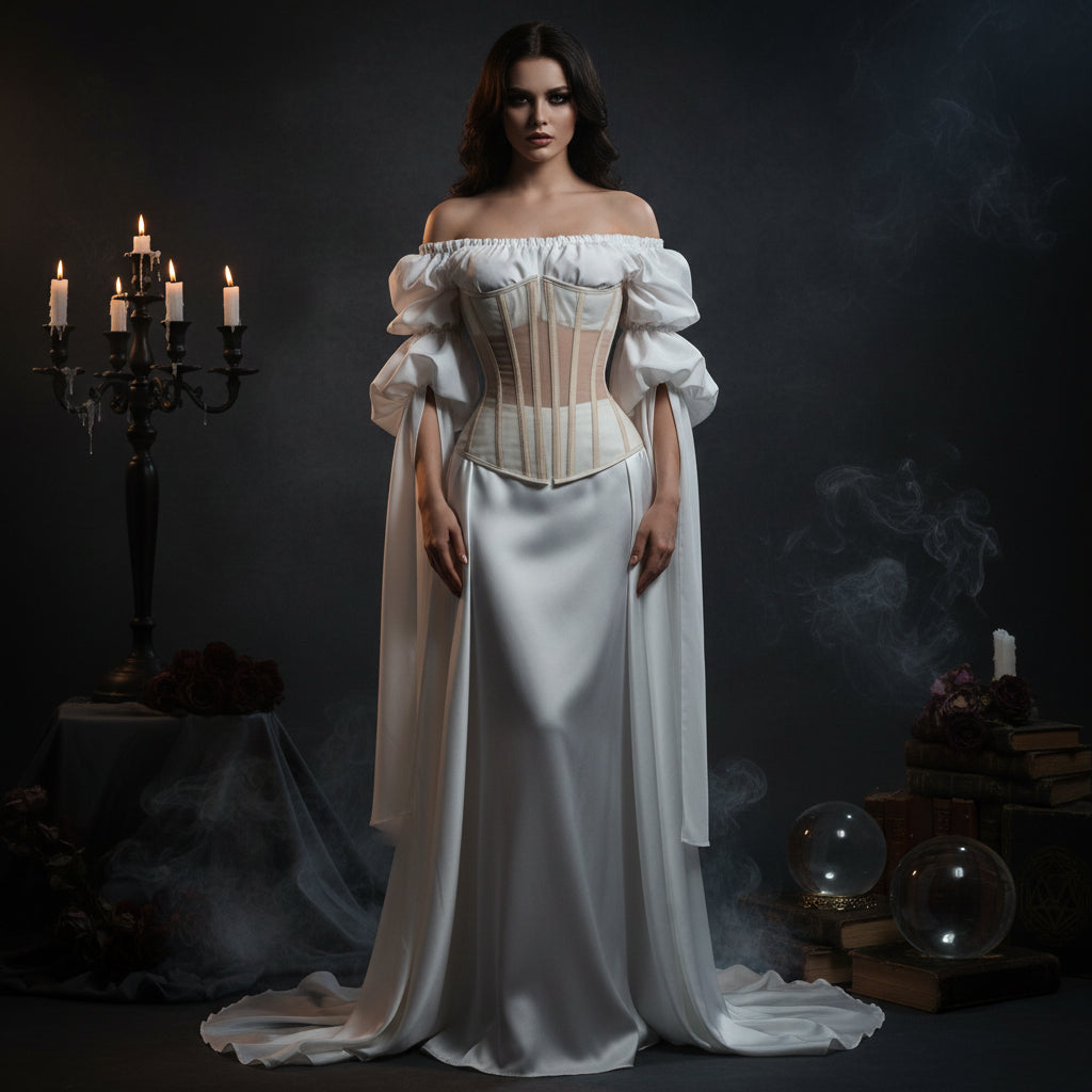 A close-up of a beige corset-style waist trainer with sheer panels and vertical support straps, worn over a shiny pale blue dress.