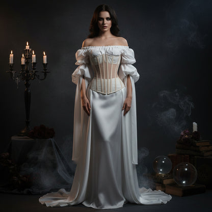 A close-up of a beige corset-style waist trainer with sheer panels and vertical support straps, worn over a shiny pale blue dress.