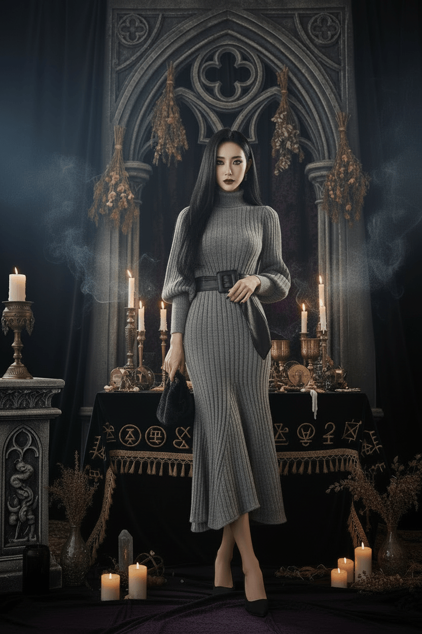 A woman models a gray ribbed knit mock-neck midi dress with balloon sleeves and a wide black belt with a silver buckle. She is holding a small black handbag and wearing black pointed-toe heels, set against a plain white background.
