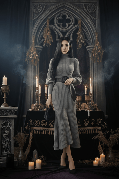A woman models a gray ribbed knit mock-neck midi dress with balloon sleeves and a wide black belt with a silver buckle. She is holding a small black handbag and wearing black pointed-toe heels, set against a plain white background.