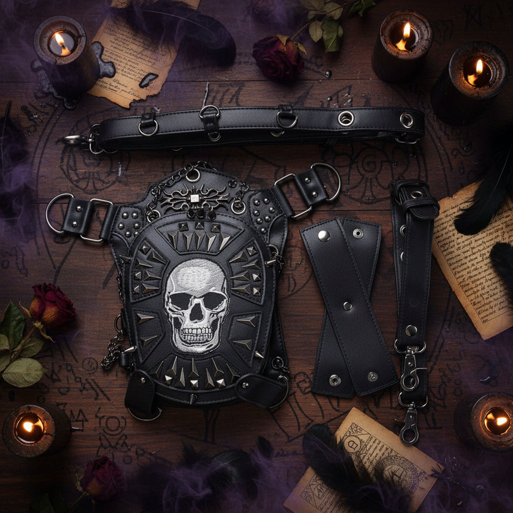 Black faux-leather gothic harness bag with a large silver skull design, studded details, and multiple attached straps and metal rings, shown on a plain white background.