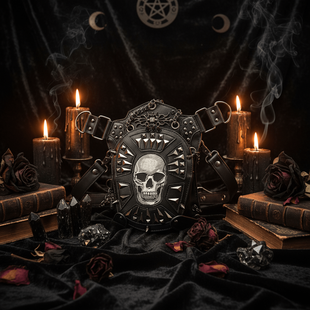 Black faux-leather gothic harness bag with a large silver skull design, studded details, and multiple attached straps and metal rings, shown on a plain white background.