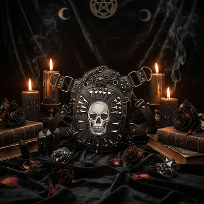 Black faux-leather gothic harness bag with a large silver skull design, studded details, and multiple attached straps and metal rings, shown on a plain white background.