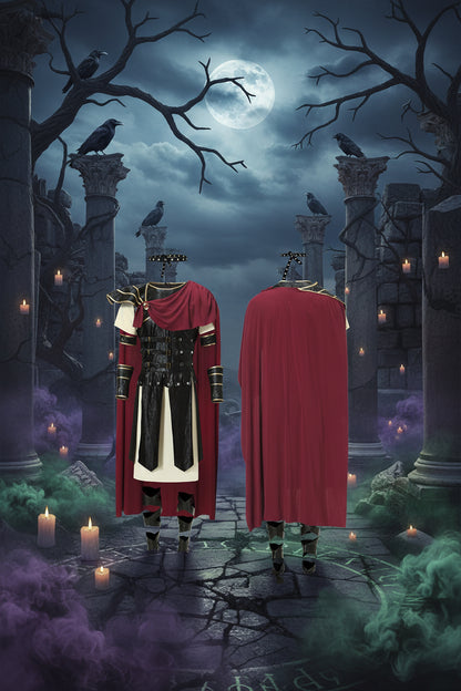 Medieval-style costume with red cape and black armor on a white background