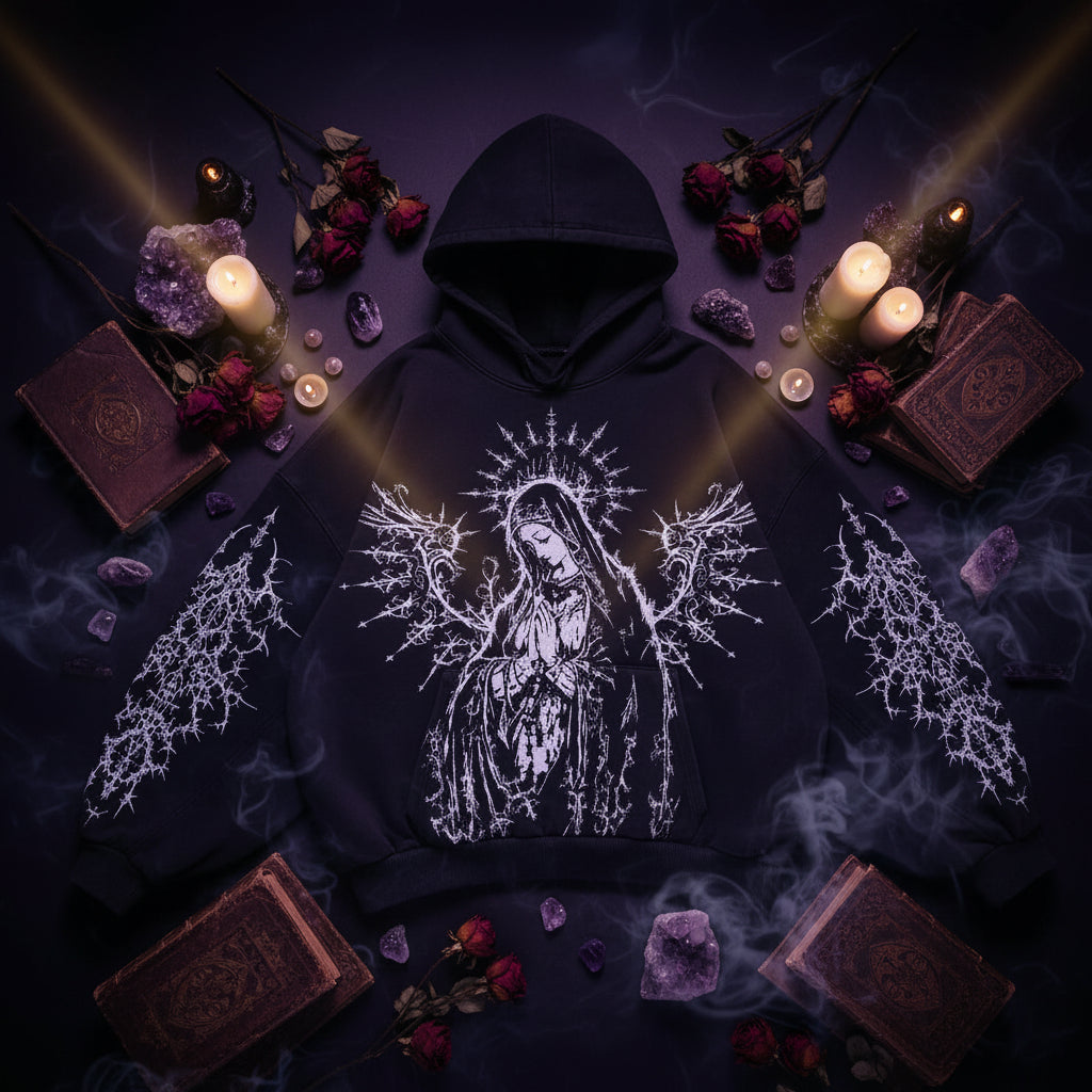 Black hoodie with angel design on a gray background