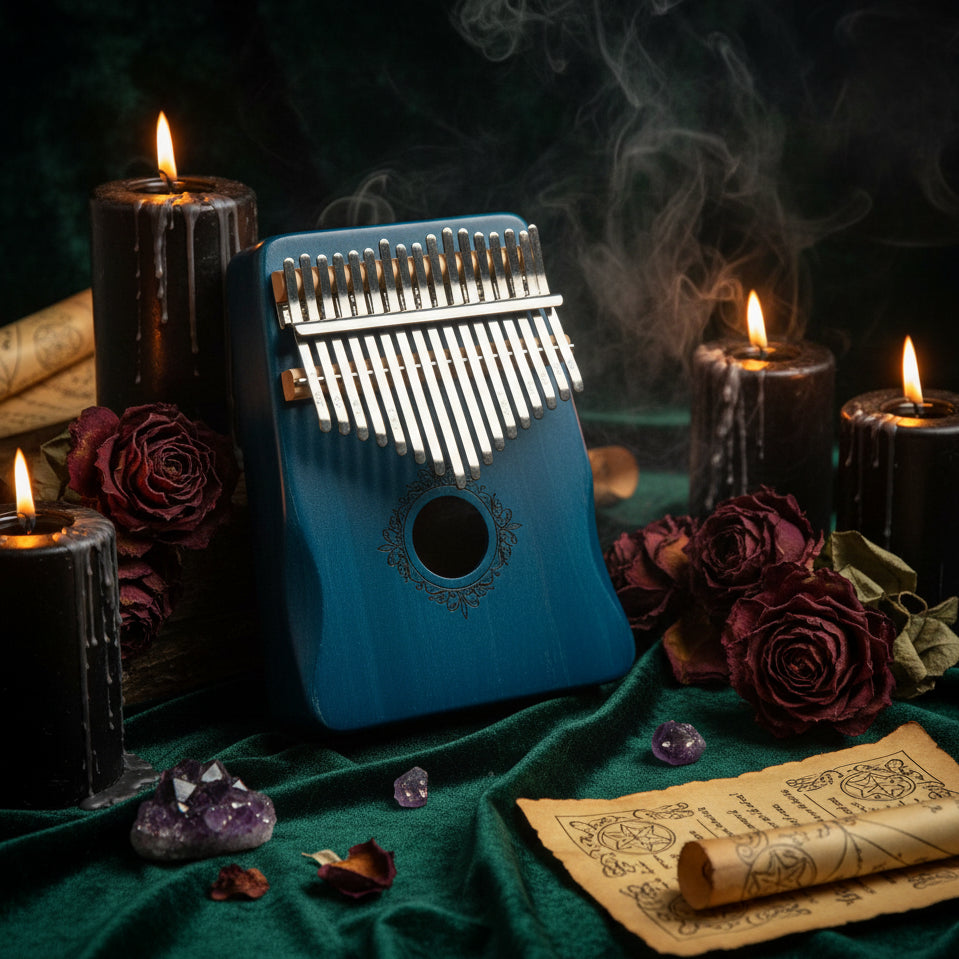 A blue wooden 17-key kalimba thumb piano with silver metal tines, standing on a light surface against a white background with a green leaf illustration and a wooden frame.