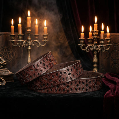 Brown leather belt with intricate floral patterns on a wooden surface.