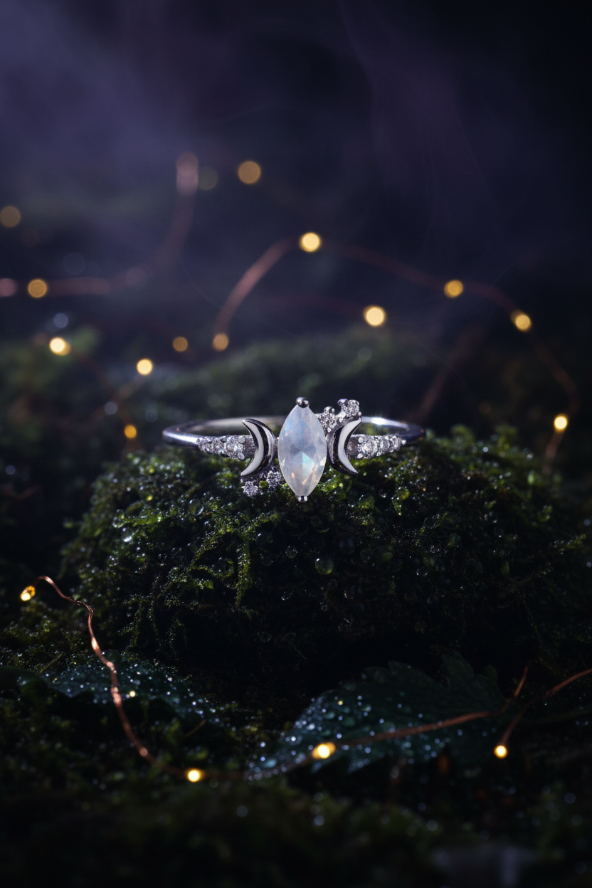 A silver ring featuring a marquise-cut white opal at the center, flanked by crescent moon and floral motifs set with small clear stones, shown on a solid gray background.