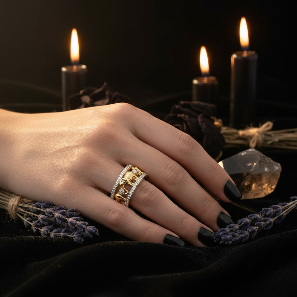Gold Elephant Ring with Zircon Stones Sorceress Sanctuary