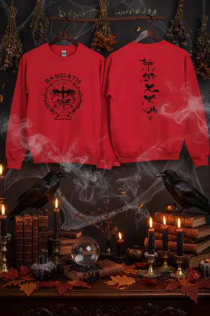 Red sweatshirt with black graphics on a white background