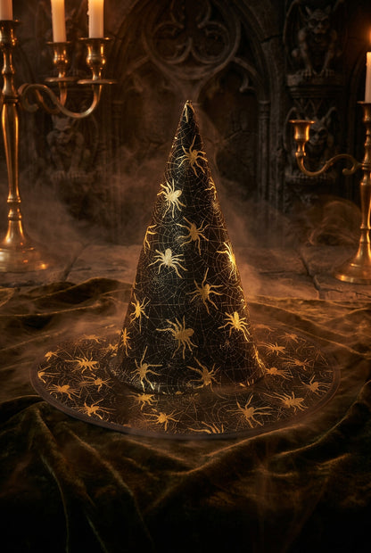 Black witch hat with gold accents on a gray background