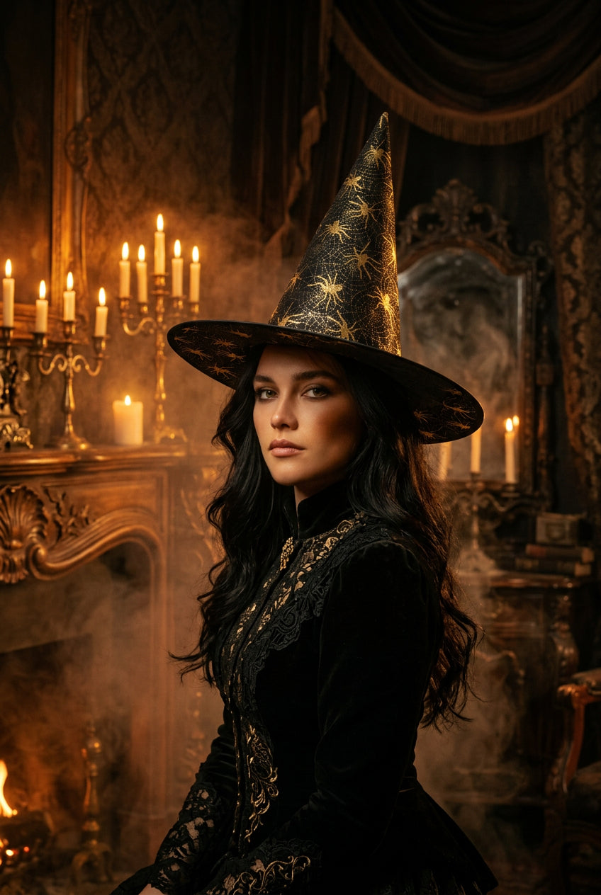 Black witch hat with gold accents on a gray background