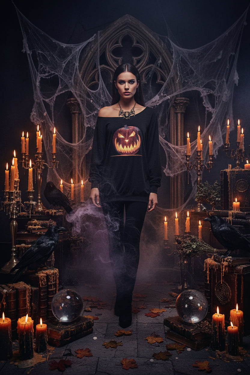 A black off-the-shoulder long-sleeve sweatshirt featuring a large graphic print of a glowing jack-o'-lantern pumpkin on the front, set against a plain white background.