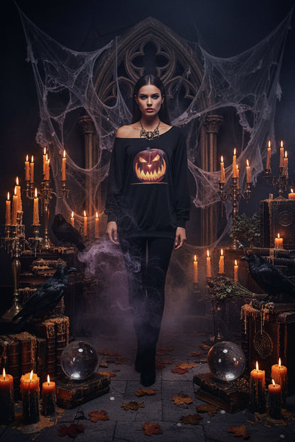 A black off-the-shoulder long-sleeve sweatshirt featuring a large graphic print of a glowing jack-o'-lantern pumpkin on the front, set against a plain white background.