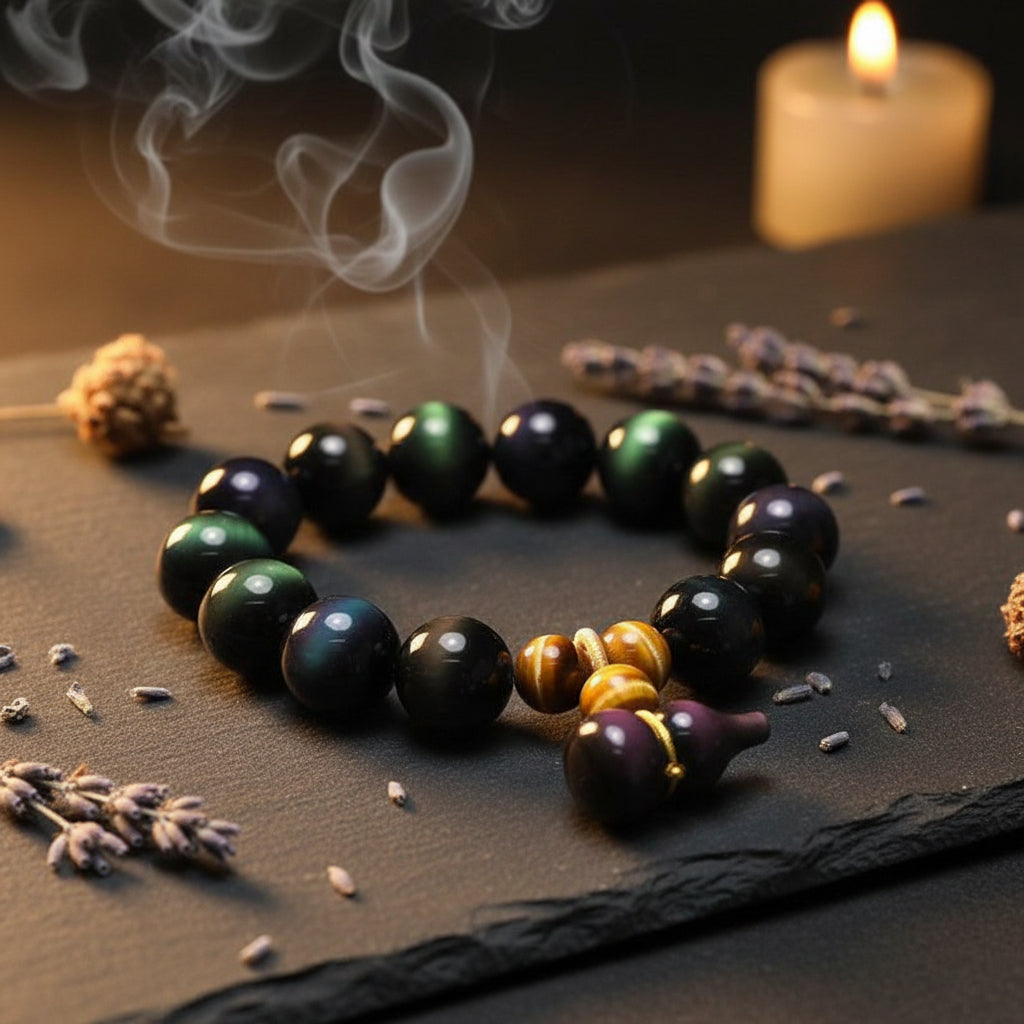 Black beaded bracelet with a unique clasp on a gray surface