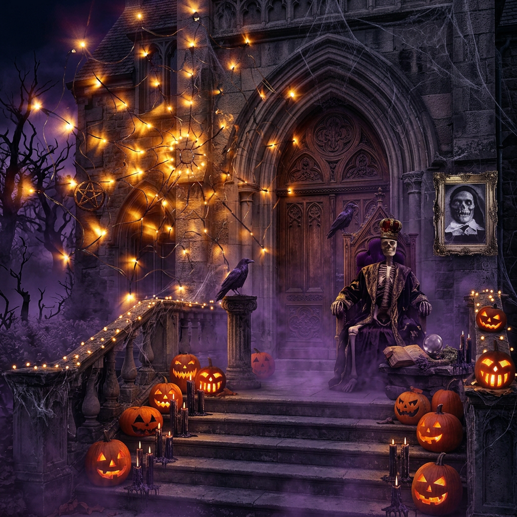 A Halloween-themed scene with a decorative skeleton wearing a crown and sitting in a dark red armchair, next to three carved jack-o'-lantern pumpkins on a wooden floor against a brick wall with warm string lights.