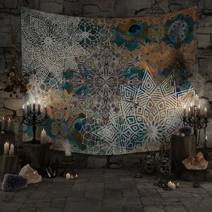 Colorful tapestry with geometric and peacock patterns hanging on a wall.