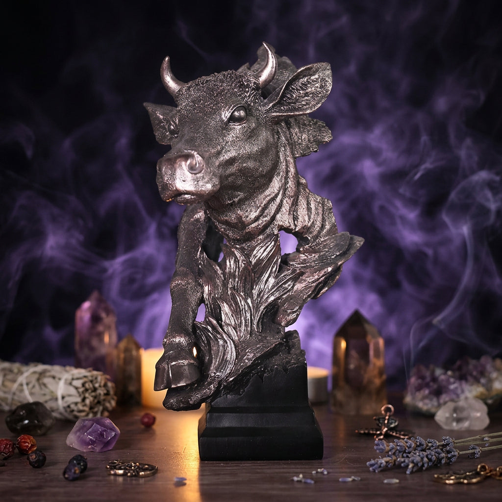 Bronze bull statue on a wooden surface with a blurred plant and light fixture in the background