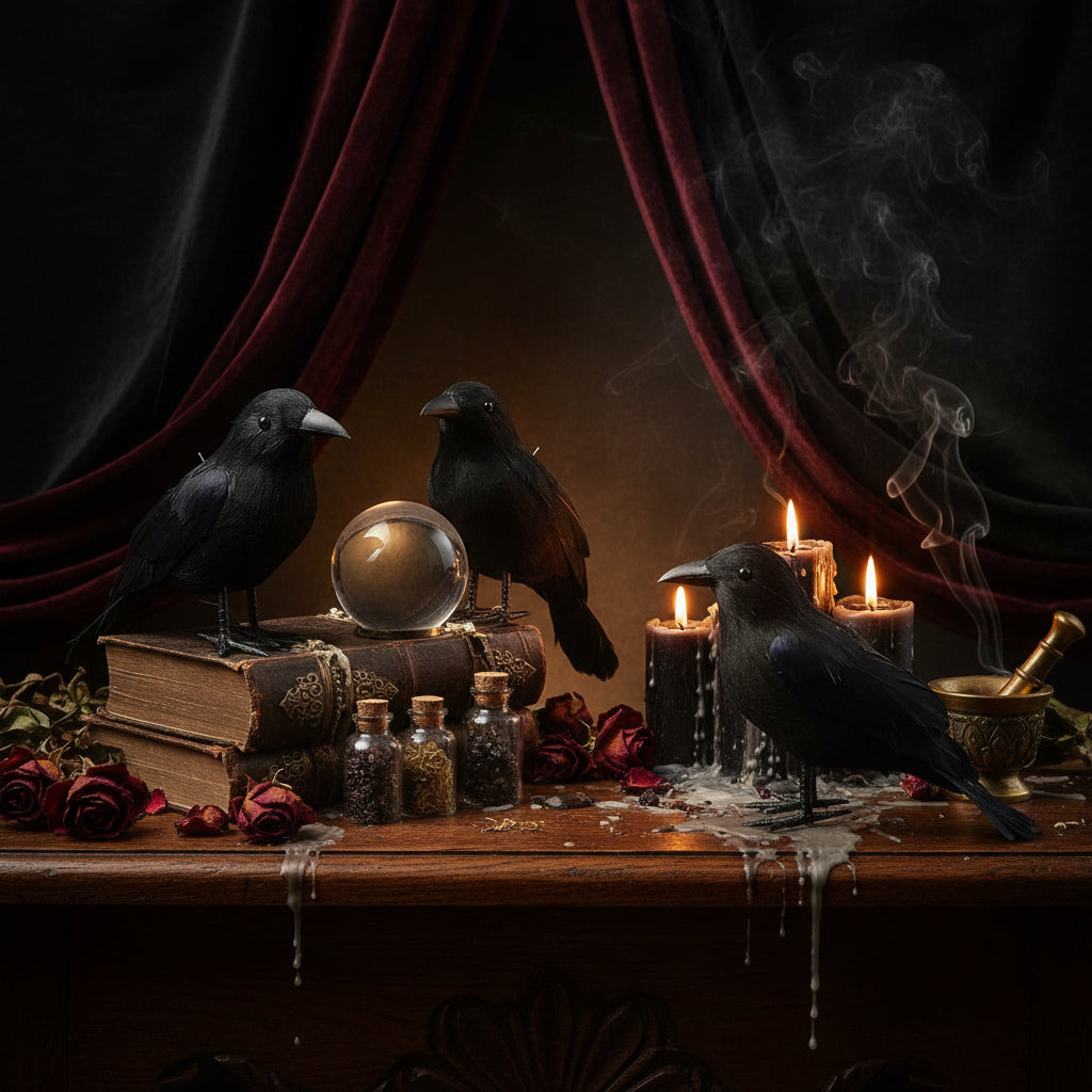 Four black crows on a white background