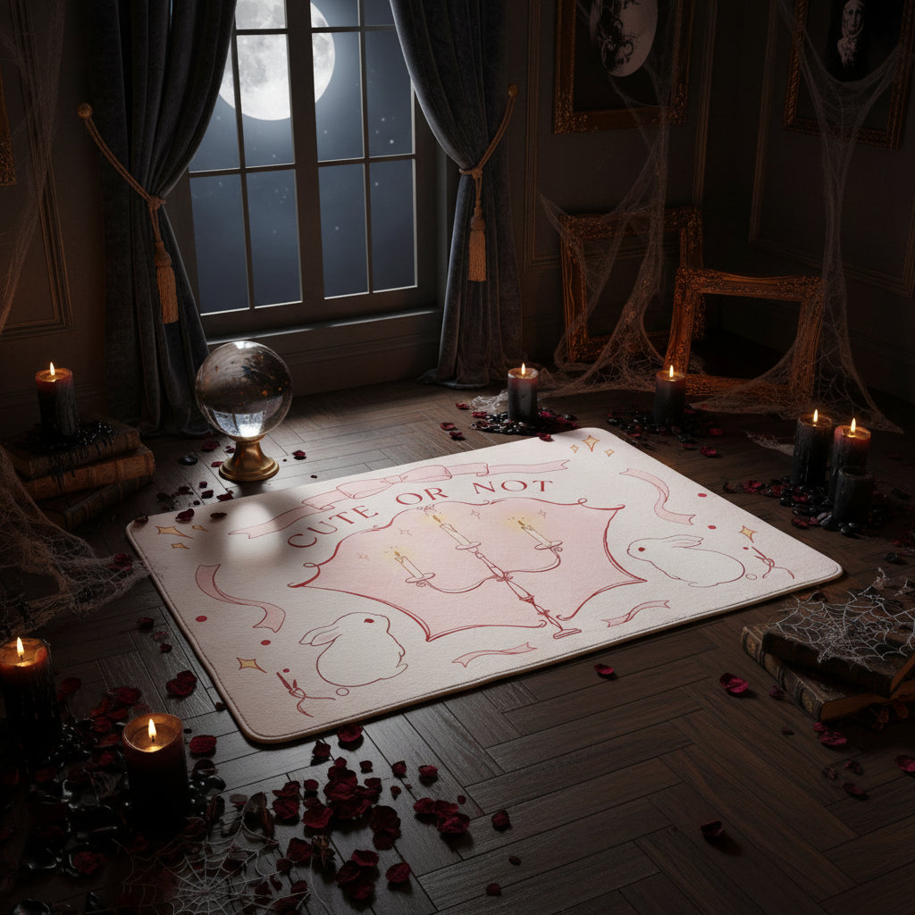 Decorative mat with 'Cute or Not' text and rabbit illustrations on a wooden floor.