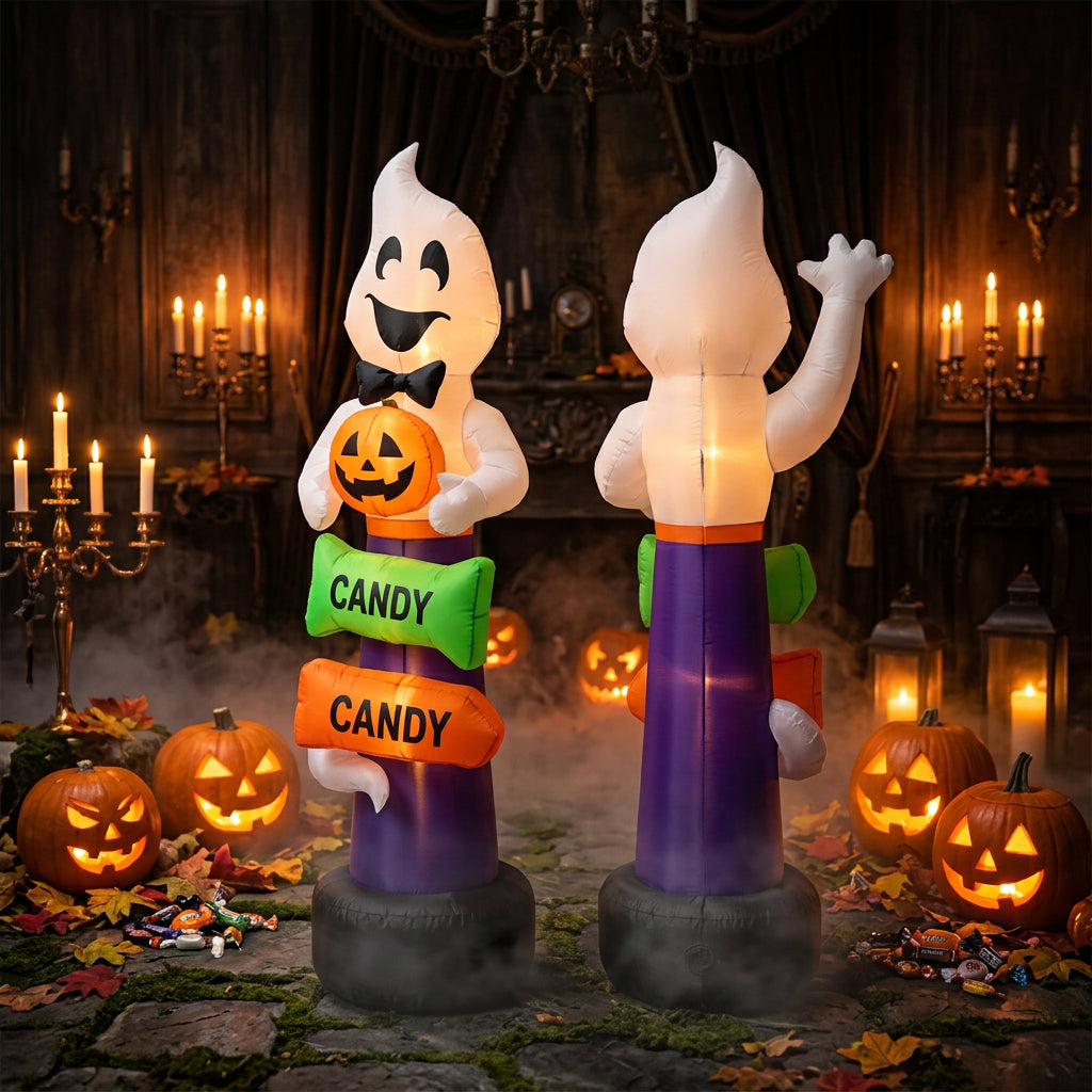 Two inflatable ghost-shaped Halloween decorations shown side by side on a white background, each with a white head, purple body, orange belt, green and orange balloons, and a black base.