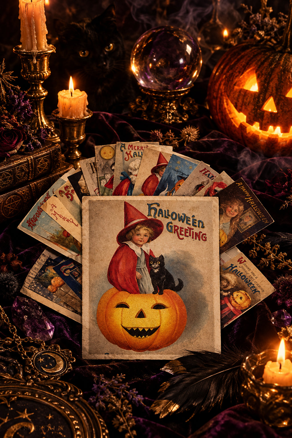 A vintage-style Halloween greeting card arrangement on a white background, with a large central card showing a child in a witch hat and dress sitting on a jack-o'-lantern and holding a black cat, surrounded by smaller fanned-out cards with similar Halloween designs.