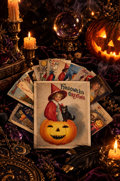 A vintage-style Halloween greeting card arrangement on a white background, with a large central card showing a child in a witch hat and dress sitting on a jack-o'-lantern and holding a black cat, surrounded by smaller fanned-out cards with similar Halloween designs.