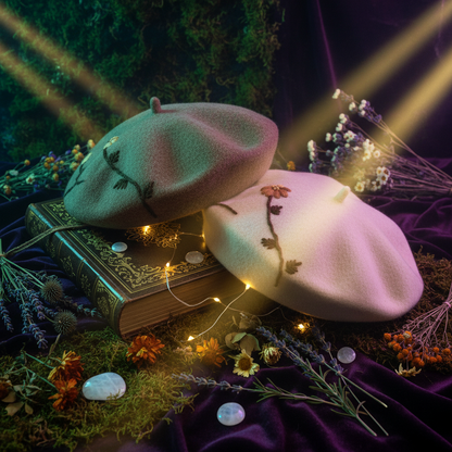 Two felt beret-style hats with embroidered floral and branch motifs, one in taupe-brown and one in cream, resting on an open book against a white background.