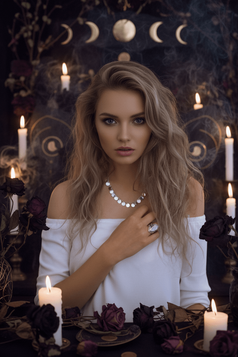 A close-up lifestyle shot of a woman wearing a silver disc necklace and a silver ring with a large oval light-colored stone, wearing a white off-the-shoulder top.