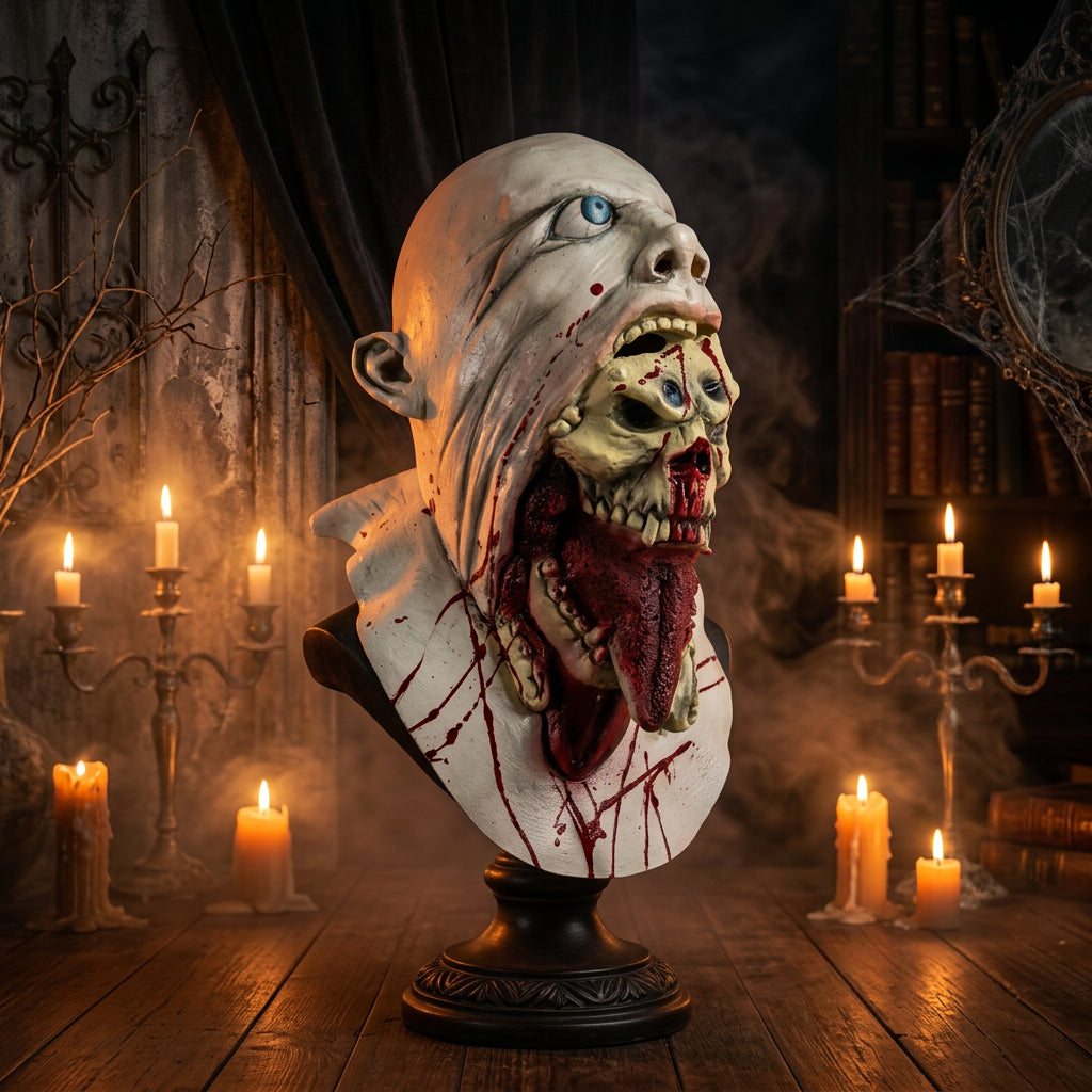 A horror mask with a severed, grotesque face, exposed teeth, and fake blood, worn by a person in a navy and yellow striped shirt against a plain light background.