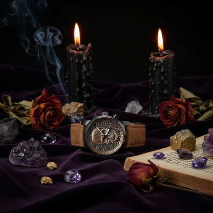 Wristwatch with skull design on the dial and brown leather strap on a white background