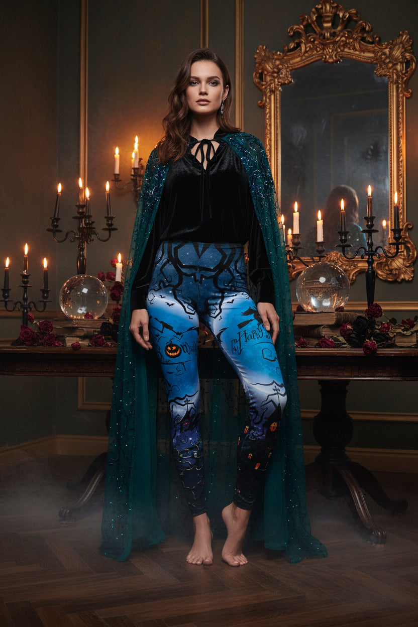 Leggings with Halloween-themed design on a white background