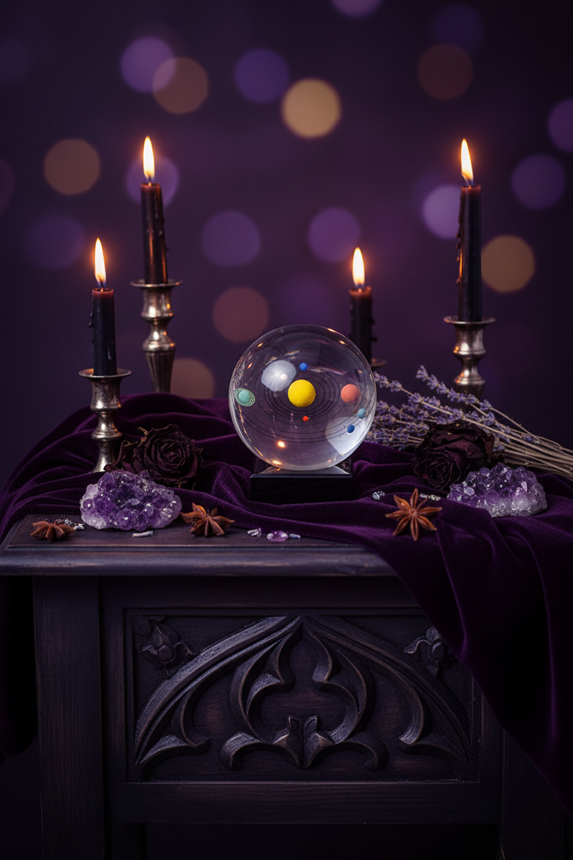 A mystical tabletop scene with a clear crystal ball containing a miniature solar system model, surrounded by black candles in holders, purple crystals, dried lavender, and star anise on a dark carved table draped with deep purple fabric against a purple bokeh background.