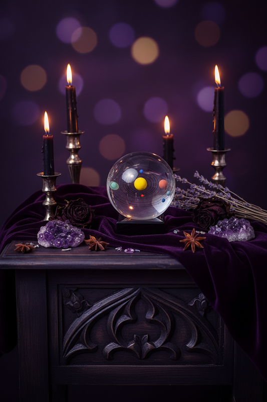 A mystical tabletop scene with a clear crystal ball containing a miniature solar system model, surrounded by black candles in holders, purple crystals, dried lavender, and star anise on a dark carved table draped with deep purple fabric against a purple bokeh background.