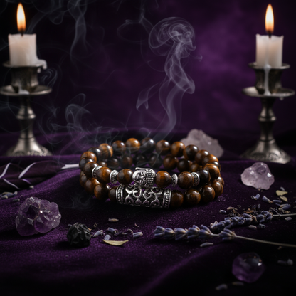 Brown beaded bracelet with silver Buddha charm on a white background