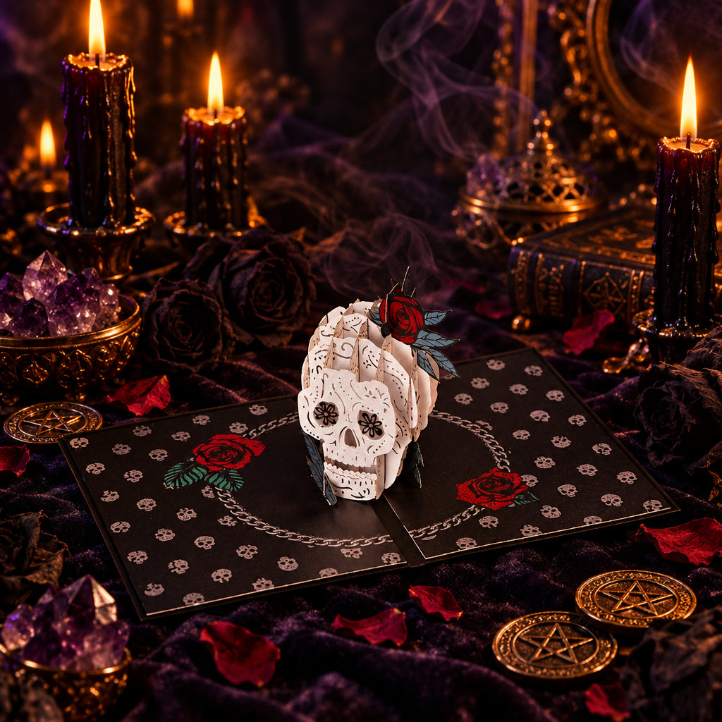 Rose Skull Pop Card, shown in use