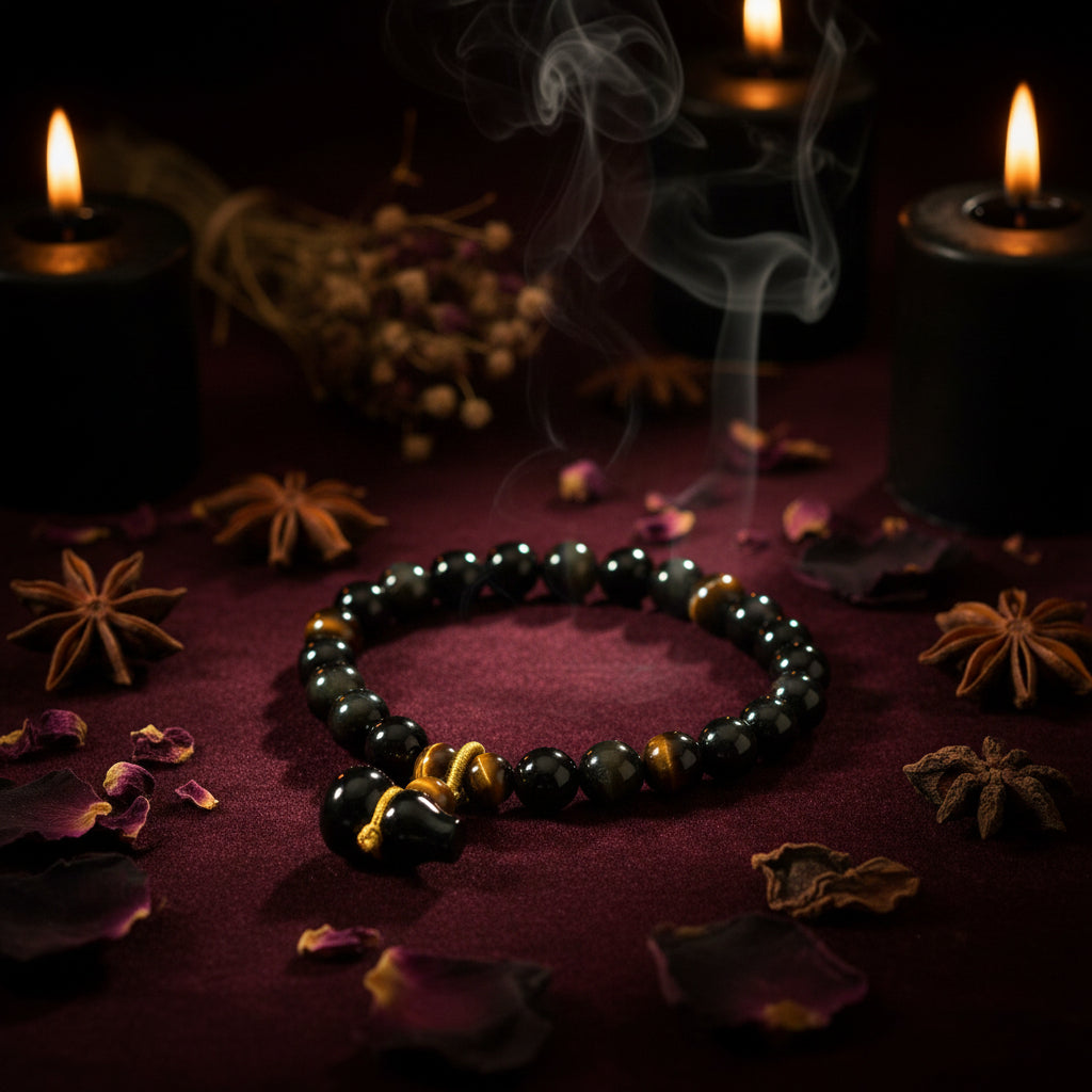 Black beaded bracelet with a tiger eye charm on a white background