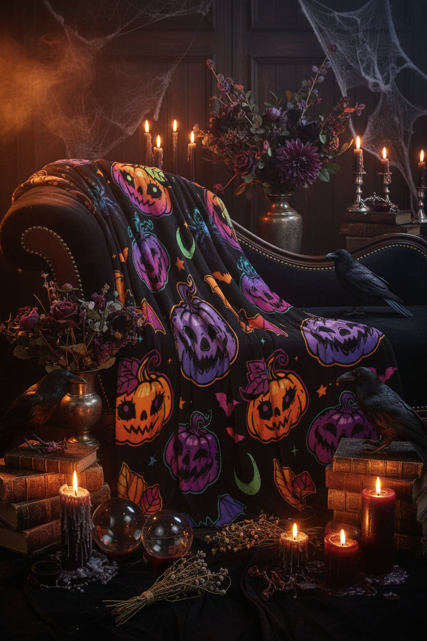 Colorful Halloween Pumpkin Spider Bat Flannel Blanket Sorceress Sanctuary