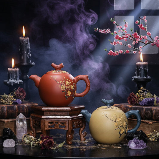 Two ceramic teapots with floral designs on a dark background with cherry blossoms.
