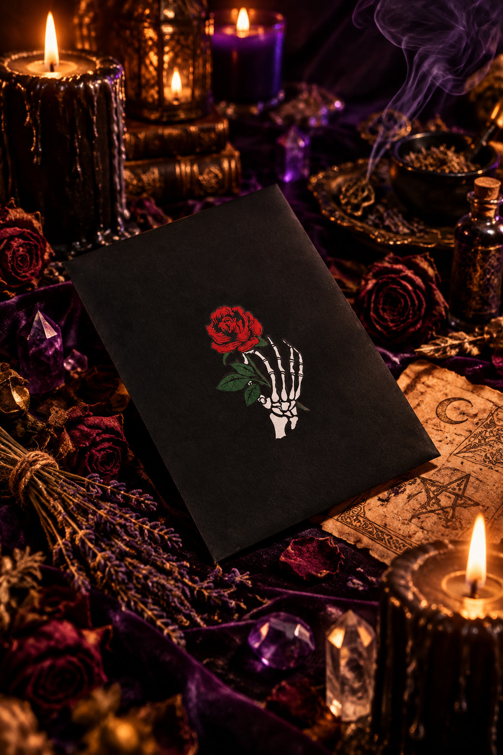 Black square with a skeleton hand holding a red rose on a white background