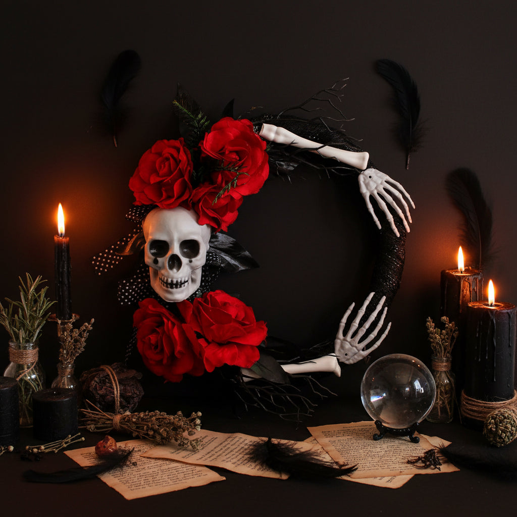 A gothic Halloween wreath decoration featuring a white skull, red roses, black mesh, skeleton hands, and black twigs on a plain white background.