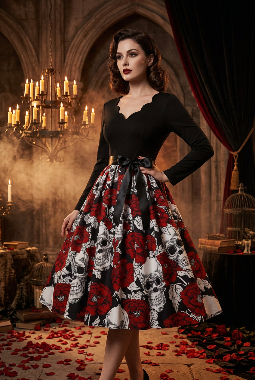 Slim Fit Skull Print Swing Dress Sorceress Sanctuary