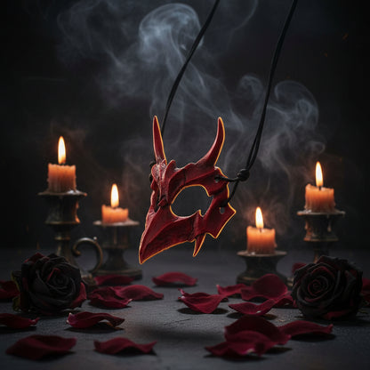 A red horned fantasy mask or face covering with a black cord, shown on a plain white background.