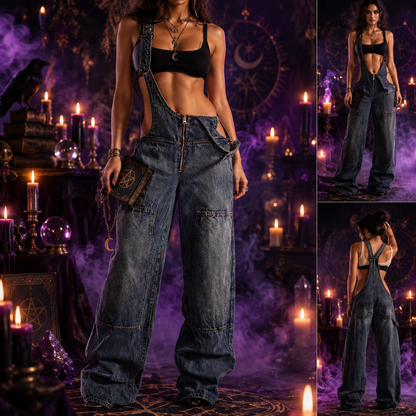 Witchcraft Y2K Denim Overalls, detail view