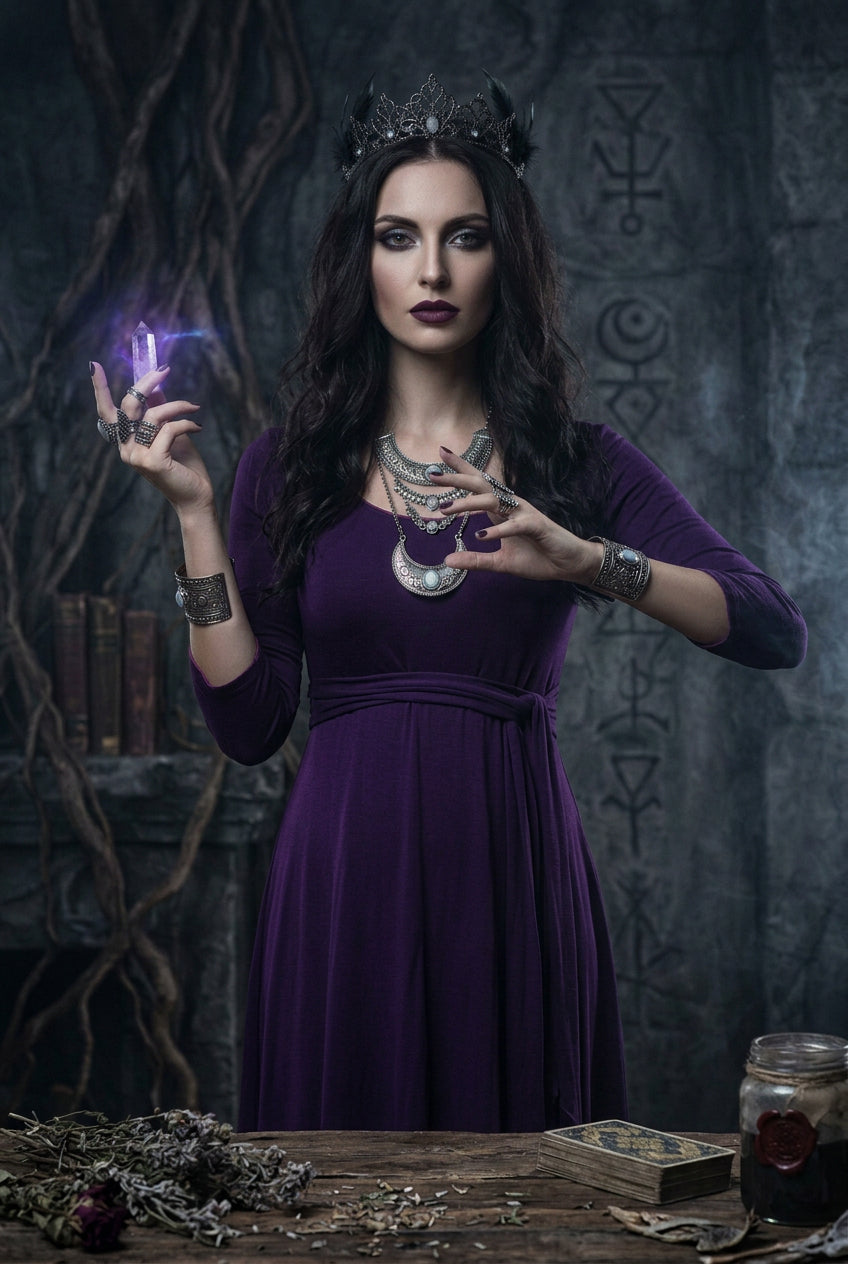 A woman wearing a purple three-quarter sleeve dress with a scoop neckline and a matching fabric tie belt at the waist, shown against a plain white background.