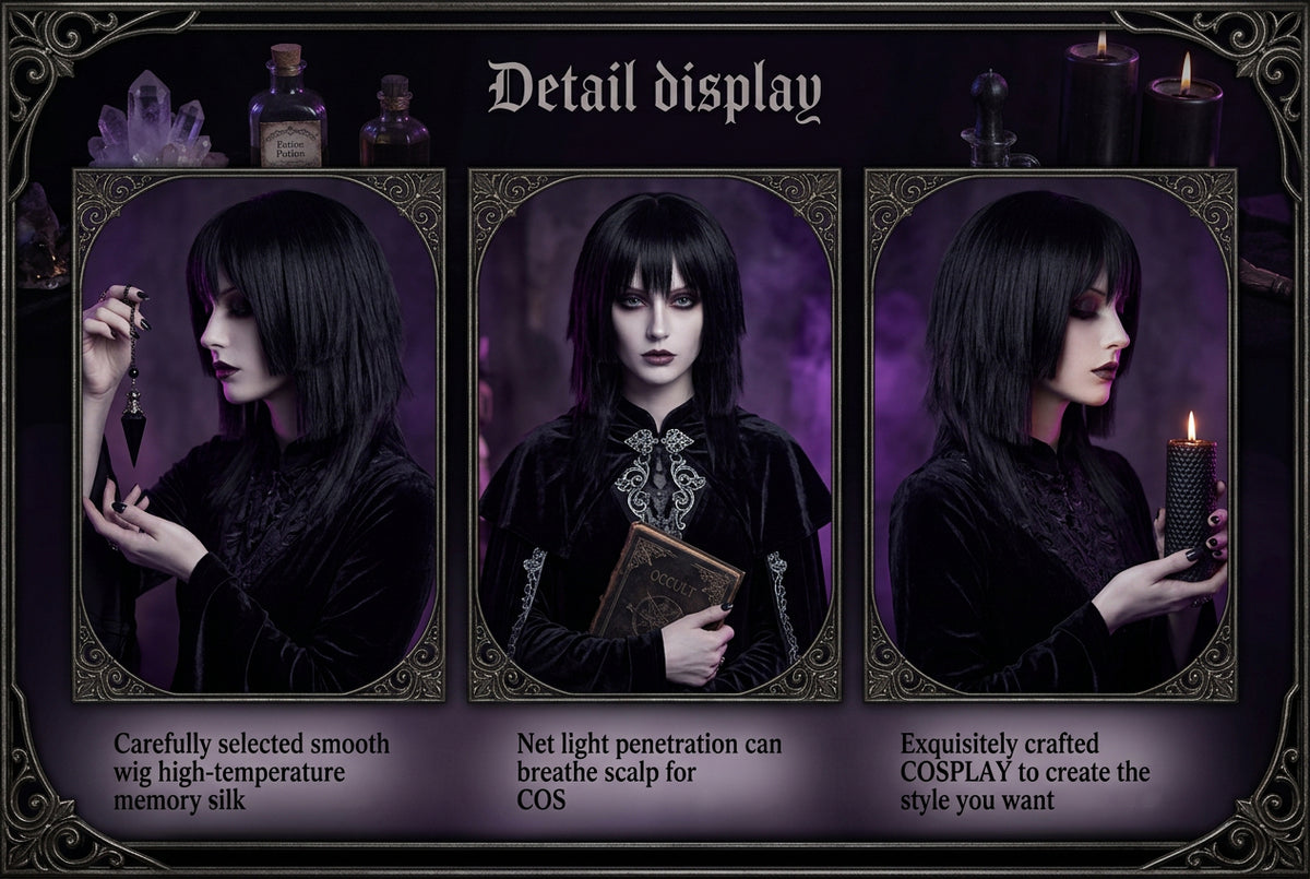 Three views of a short black wig displayed on mannequin heads against a white background, with the heading 'Detail display' and three beige text boxes describing the wig's features.