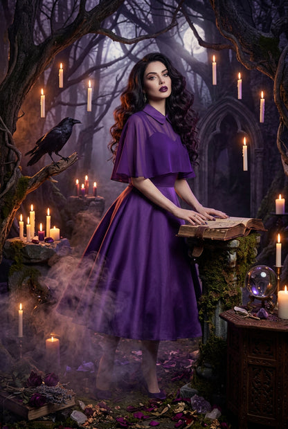 Purple dress with cape on a white background